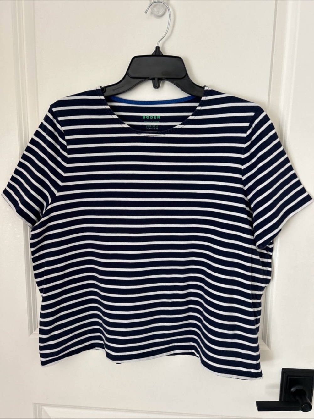 Boden Sz 14 Blue White Striped Boxy Short Sleeve T-shirt 100% Cotton Nautical